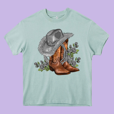 Gray Cowgirl And Roses Heavy Core Tee Designed By Adodesignshop