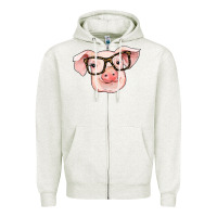 Oatmeal Heather pig with glasses Zipper Hoodie - RanaPortraitStore
