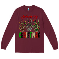 Burgundy Merry Christmas skeleton hands Long Sleeve Tee - NancyCooperArtShop