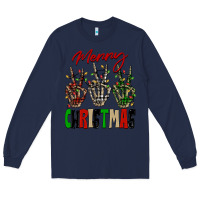 Navy Merry Christmas skeleton hands Long Sleeve Tee - NancyCooperArtShop