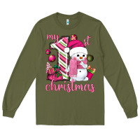 Army Green My 1st. pink Christmas with cute snowman Long Sleeve Tee - NancyCooperArtShop