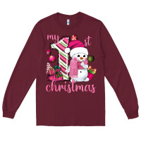 Burgundy My 1st. pink Christmas with cute snowman Long Sleeve Tee - NancyCooperArtShop