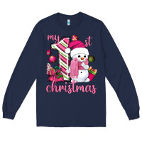 Navy My 1st. pink Christmas with cute snowman Long Sleeve Tee - NancyCooperArtShop