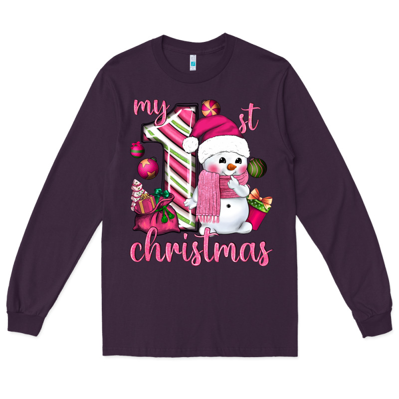 My 1st. Pink Christmas With Cute Snowman Long Sleeve Tee by NancyCooperArtShop | Teevron