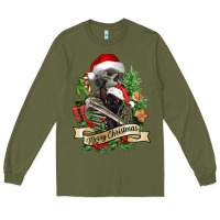 Army Green Merry Christmas skeleton with black cat Long Sleeve Tee - NancyCooperArtShop