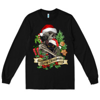 Black Merry Christmas skeleton with black cat Long Sleeve Tee - NancyCooperArtShop