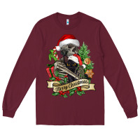 Burgundy Merry Christmas skeleton with black cat Long Sleeve Tee - NancyCooperArtShop