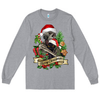 Heather Grey Merry Christmas skeleton with black cat Long Sleeve Tee - NancyCooperArtShop