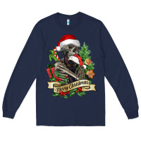 Navy Merry Christmas skeleton with black cat Long Sleeve Tee - NancyCooperArtShop