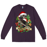 Plum Merry Christmas skeleton with black cat Long Sleeve Tee - NancyCooperArtShop