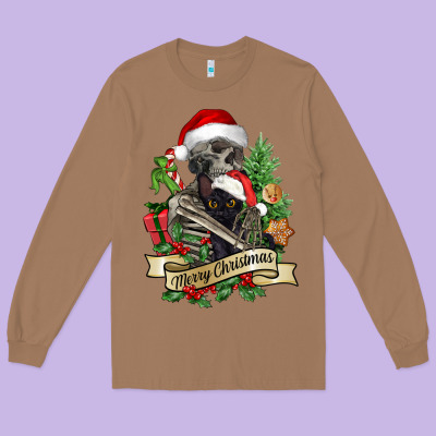 Merry Christmas Skeleton With Black Cat Long Sleeve Tee Designed By Nancycooperartshop