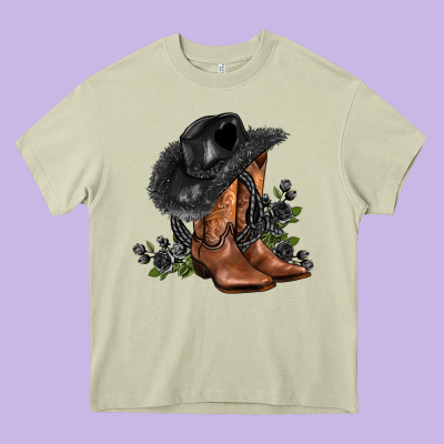 Black Cowgirl  And Roses Heavy Core Tee Designed By Adodesignshop