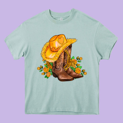 Yellow  Cowgirl And Roses Heavy Core Tee Designed By Adodesignshop