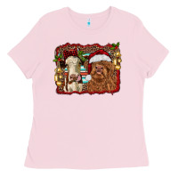 Bubblegum Pink christmas heifer and highland cow with serape background Ladies Tee - RanaPortraitStore