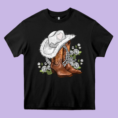 White  Cowgirl  And Roses Heavy Core Tee Designed By Adodesignshop