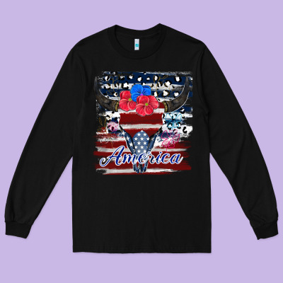 Bull Skull America Long Sleeve Tee Designed By Jahusdesignshop