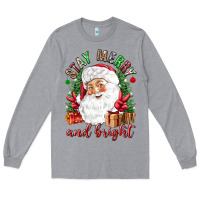 Heather Grey Stay Merry and bright Christmas with santa Long Sleeve Tee - NancyCooperArtShop