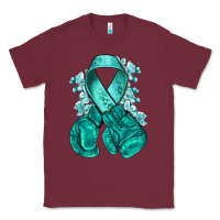 Burgundy Ovarian Cancer teal ribbon with boxing gloves Classic Tee - NancyCooperArtShop