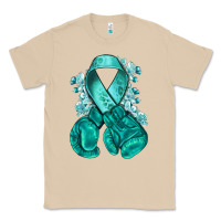 Mushroom Ovarian Cancer teal ribbon with boxing gloves Classic Tee - NancyCooperArtShop
