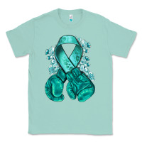 Seafoam Ovarian Cancer teal ribbon with boxing gloves Classic Tee - NancyCooperArtShop