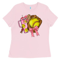 Bubblegum Pink softball coquette bow Ladies Tee - JahusDesignShop