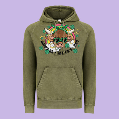 St. Patrick's Day Highland Cow Vintage Hoodie Designed By Maliassmallbusiness