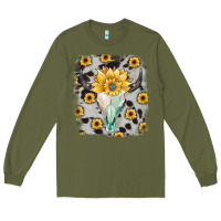 Army Green cowhide sunflower gemstone bull skull Long Sleeve Tee - JahusDesignShop