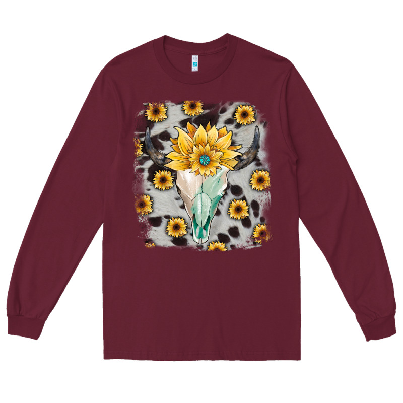 Cowhide Sunflower Gemstone Bull Skull Long Sleeve Tee by JahusDesignShop | Teevron