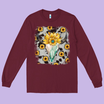 Cowhide Sunflower Gemstone Bull Skull Long Sleeve Tee Designed By Jahusdesignshop