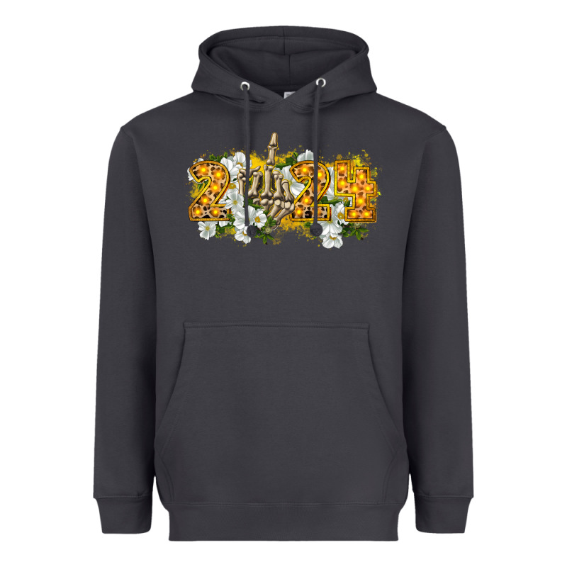 2024 Skeleton Middle Finger New Year Heavyweight Hoodie by CowGirlArtShop | Teevron
