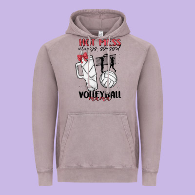 Hot Mess Always Stressed Volleyball Mama Vintage Hoodie Designed By Maliassmallbusiness