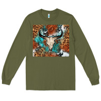 Army Green Western with bull skull Long Sleeve Tee - NancyCooperArtShop