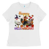 White Happy Hallothanksmas Chick Ladies Tee - BundleAndBundleShop