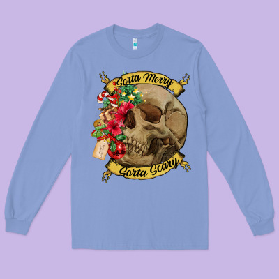 Sorta Merry Sorta Scary Skull Long Sleeve Tee Designed By Nancycooperartshop