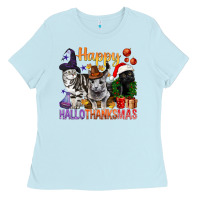Baby Blue Happy Hallothanksmas Cats Ladies Tee - BundleAndBundleShop