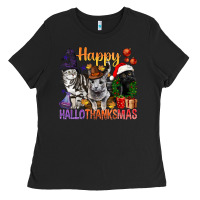 Black Happy Hallothanksmas Cats Ladies Tee - BundleAndBundleShop