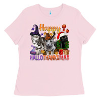 Bubblegum Pink Happy Hallothanksmas Cats Ladies Tee - BundleAndBundleShop