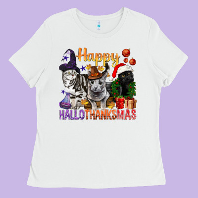 Happy Hallothanksmas Cats Ladies Tee Designed By Bundleandbundleshop