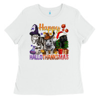 White Happy Hallothanksmas Cats Ladies Tee - BundleAndBundleShop