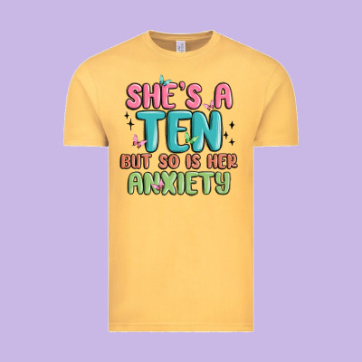 She's A Ten But So Is Her Anxiety Vintage Tee Designed By Maliassmallbusiness