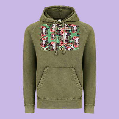 Baby Cow Floral Aztec Background Vintage Hoodie Designed By Jasminsmagicworld
