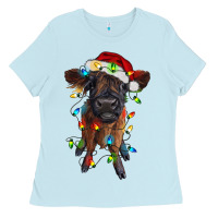 Baby Blue highland cow calf with christmas lights Ladies Tee - RanaPortraitStore