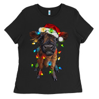 Black highland cow calf with christmas lights Ladies Tee - RanaPortraitStore