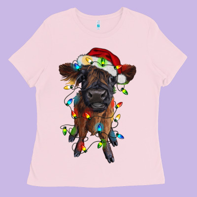 Highland Cow Calf With Christmas Lights Ladies Tee Designed By Ranaportraitstore