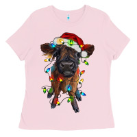 Bubblegum Pink highland cow calf with christmas lights Ladies Tee - RanaPortraitStore