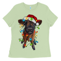 Matcha highland cow calf with christmas lights Ladies Tee - RanaPortraitStore