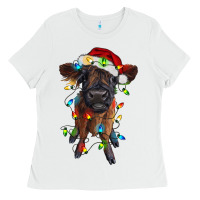 White highland cow calf with christmas lights Ladies Tee - RanaPortraitStore