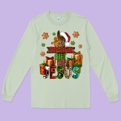 The Real Gift Is Jesus Long Sleeve Tee Designed By Nancycooperartshop