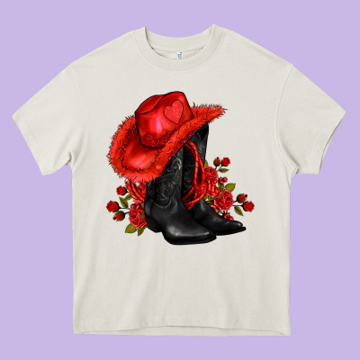 Valentines Day Cowboy Boots Red  And Roses Heavy Core Tee Designed By Adodesignshop