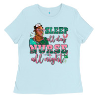 Baby Blue afro  nurse sleep all day nurse all night Ladies Tee - AdoDesignShop